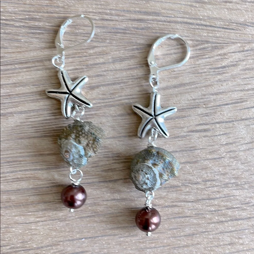 HAND CRAFTED PIERCED EARRINGS Gray Brown Silver Starfish Shells Faux Pearls